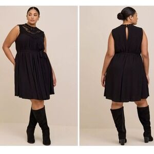 Torrid Mini Dress Plus 2X Crinkle Gauze Crochet Yoke Black Romantic Whimsigoth